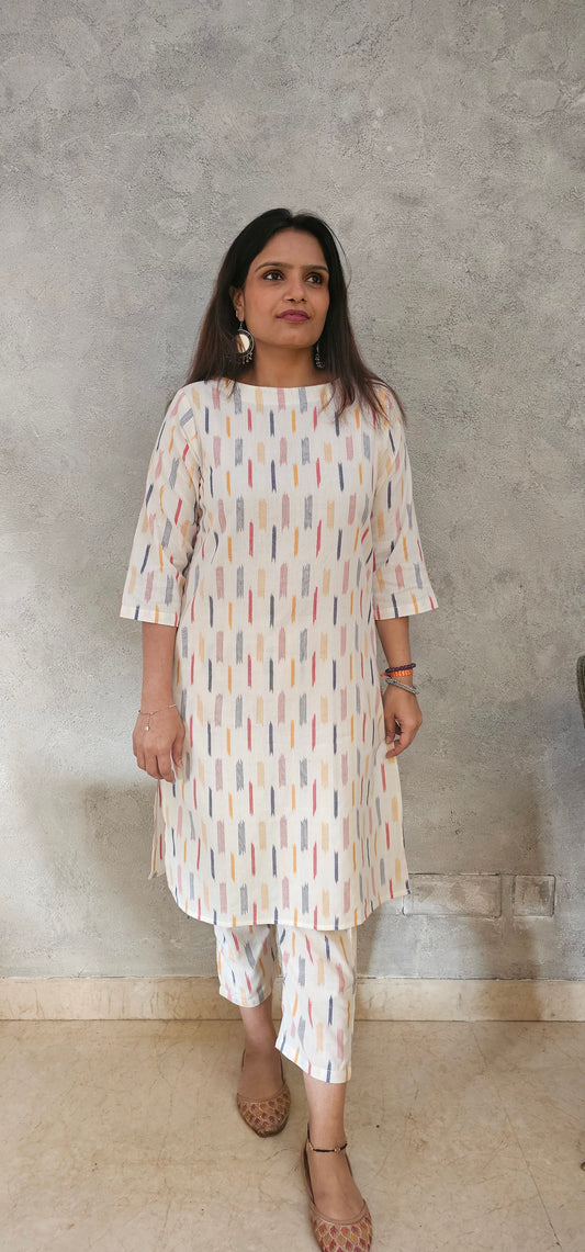 Elegant White Ikat Kurta set