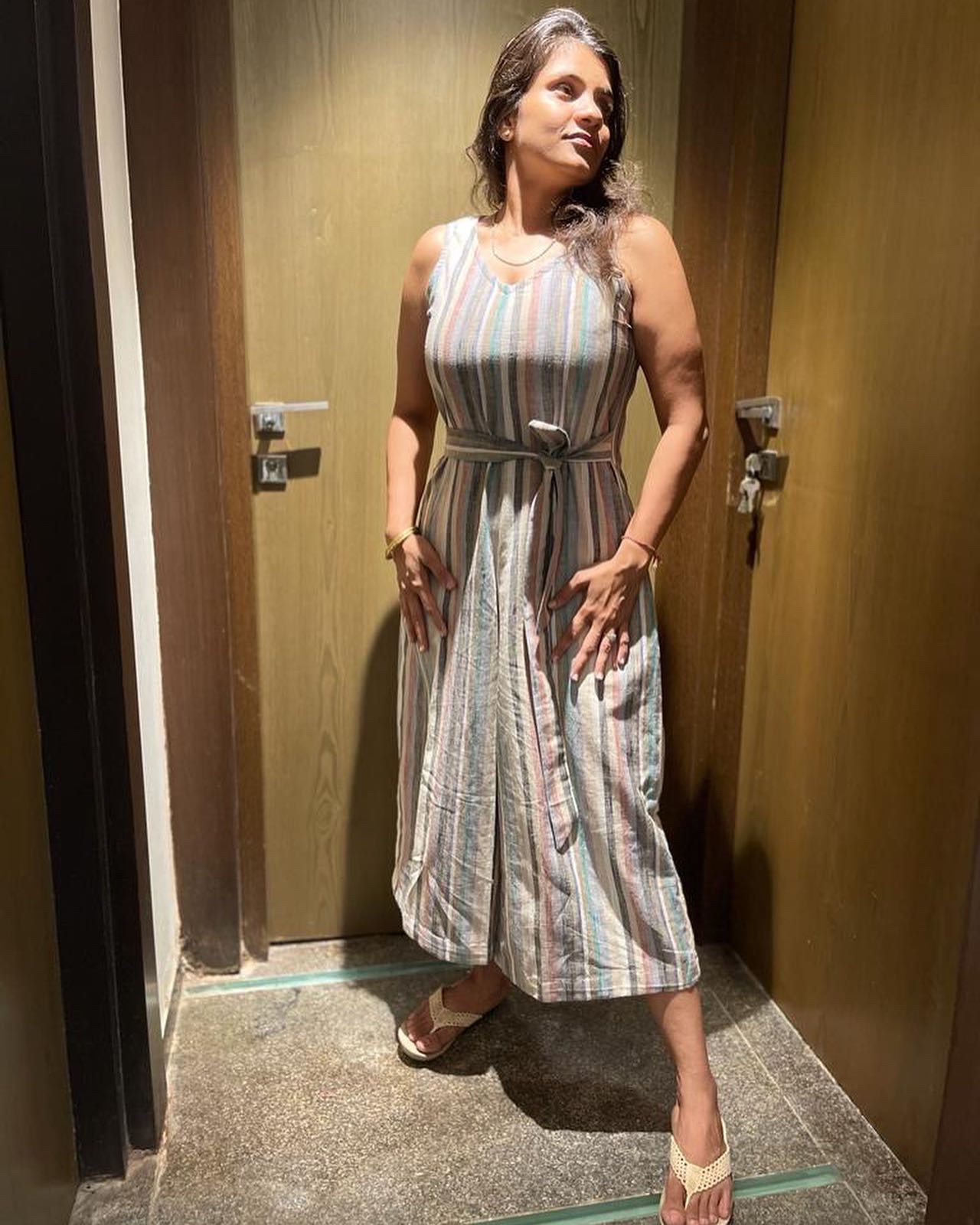 Long jump suit M Cotton Green Beije Stripes